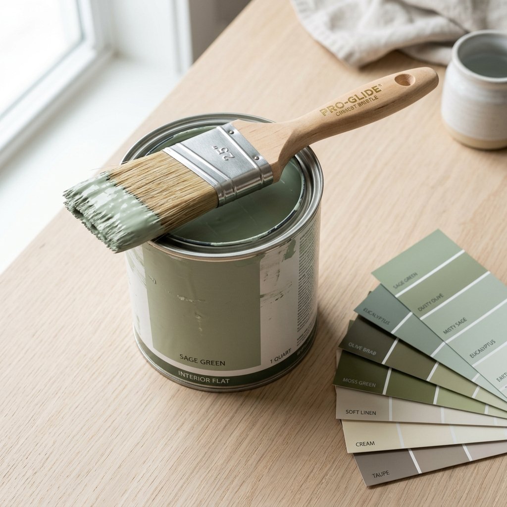 Pennelli e barattolo di colore verde salvia con tavolozza per imbiancatura